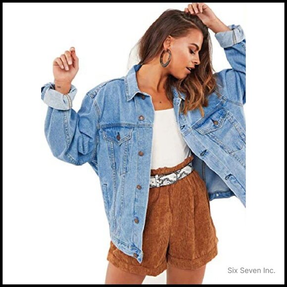 Oversized Denim Jacket Vintage Boyfriend Fit Y2K Chic Long Sleeve Coat - Picture 2 of 8